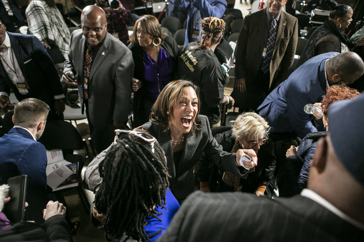 Sen. Kamala Harris, a then-Democratic presidential candidate, greets people at a criminal justice reform town hall at Eastern State Penitentiary in October.